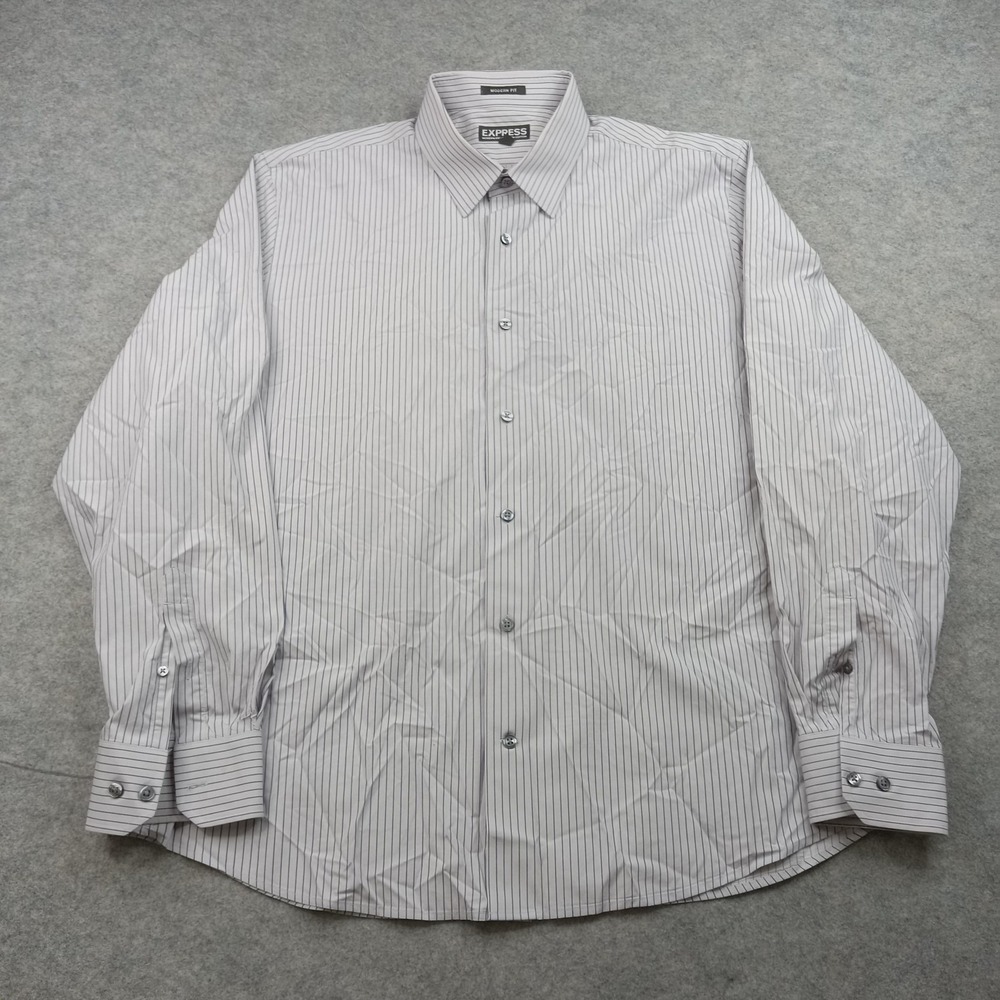 Express Dress Shirt Mens XL 17.5 White Blue Stripe Modern Fit Stretch Cotton